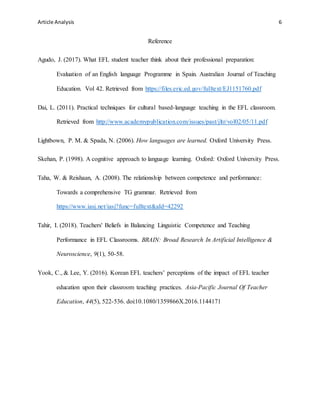 Article Analysis 6
Reference
Agudo, J. (2017). What EFL student teacher think about their professional preparation:
Evaluation of an English language Programme in Spain. Australian Journal of Teaching
Education. Vol 42. Retrieved from https://files.eric.ed.gov/fulltext/EJ1151760.pdf
Dai, L. (2011). Practical techniques for cultural based-language teaching in the EFL classroom.
Retrieved from http://www.academypublication.com/issues/past/jltr/vol02/05/11.pdf
Lightbown, P. M. & Spada, N. (2006). How languages are learned. Oxford University Press.
Skehan, P. (1998). A cognitive approach to language learning. Oxford: Oxford University Press.
Taha, W. & Reishaan, A. (2008). The relationship between competence and performance:
Towards a comprehensive TG grammar. Retrieved from
https://www.iasj.net/iasj?func=fulltext&aId=42292
Tahir, I. (2018). Teachers' Beliefs in Balancing Linguistic Competence and Teaching
Performance in EFL Classrooms. BRAIN: Broad Research In Artificial Intelligence &
Neuroscience, 9(1), 50-58.
Yook, C., & Lee, Y. (2016). Korean EFL teachers’ perceptions of the impact of EFL teacher
education upon their classroom teaching practices. Asia-Pacific Journal Of Teacher
Education, 44(5), 522-536. doi:10.1080/1359866X.2016.1144171
 