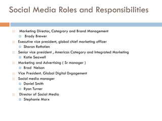 Social Media Roles and Responsibilities
¨  Marketing Director, Categrory and Brand Management
¤  Brady Brewer
¨  Executive vice president, global chief marketing officer
¤  Sharon Rothstien
¨  Senior vice president , Americas Category and Integrated Marketing
¤  Katie Seawell
¨  Marketing and Advertising ( Sr manager )
¤  Brad Nelson
¨  Vice President. Global Digital Engagement
¨  Social media manager
¤  Daniel Smith
¤  Ryan Turner
¨  Director of Social Media
¤  Stephanie Marx
 