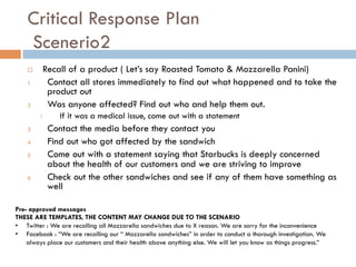 Critical Response Plan
Scenerio2
¨  Recall of a product ( Let’s say Roasted Tomato & Mozzarella Panini)
1  Contact all stores immediately to find out what happened and to take the
product out
2  Was anyone affected? Find out who and help them out.
1  If it was a medical issue, come out with a statement
3  Contact the media before they contact you
4  Find out who got affected by the sandwich
5  Come out with a statement saying that Starbucks is deeply concerned
about the health of our customers and we are striving to improve
6  Check out the other sandwiches and see if any of them have something as
well
Pre- approved messages
THESE ARE TEMPLATES, THE CONTENT MAY CHANGE DUE TO THE SCENARIO
•  Twitter : We are recalling all Mozzarella sandwiches due to X reason. We are sorry for the inconvenience
•  Facebook : “We are recalling our “ Mozzarella sandwiches” in order to conduct a thorough investigation. We
always place our customers and their health above anything else. We will let you know as things progress.”
 