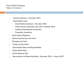 Social Media Strategy
Table of Contents
1.  Executive Summary , November 2016
2.  Social Media Audit
a.  Social Media Assessment , November 2016
b.  Traffic Sources Assessment, May 2016 –October 2016
c.  Customer Demographics Assessment
d.  Competitor Assessment
3.  Social Media Objectives
4.  Online Brand Persona and Voice
5.  Strategies and Tools
6.  Timing and Key Dates
7.  Social Media Roles and Responsibilities
8.  Social Media Policy
9.  Critical Response Plan
10.  Measurement and Reporting Results , November 2016 – January 2017
 