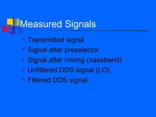 Measured Signals
   Transmitted signal
   Signal after preselector
   Signal after mixing (baseband)
   Unfiltered DDS signal (LO)
   Filtered DDS signal
 