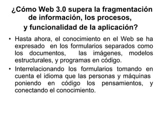 ¿Cómo Web 3.0 supera la fragmentación de información, los procesos,  y funcionalidad de la aplicación?   Hasta ahora, el conocimiento en el Web se ha expresado  en los formularios separados como los documentos,  las imágenes, modelos estructurales, y programas en código. Interrelacionando los formularios tomando en cuenta el idioma que las personas y máquinas  poniendo en código los pensamientos, y conectando el conocimiento.  