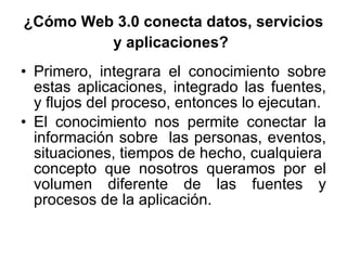¿Cómo Web 3.0 conecta datos, servicios y aplicaciones?   Primero, integrara el conocimiento sobre estas aplicaciones, integrado las fuentes, y flujos del proceso, entonces lo ejecutan. El conocimiento nos permite conectar la información sobre  las personas, eventos, situaciones, tiempos de hecho, cualquiera  concepto que nosotros queramos por el volumen diferente de las fuentes y procesos de la aplicación.  