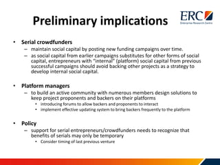 Preliminary implications
• Serial crowdfunders
– maintain social capital by posting new funding campaigns over time.
– as social capital from earlier campaigns substitutes for other forms of social
capital, entrepreneurs with “internal” (platform) social capital from previous
successful campaigns should avoid backing other projects as a strategy to
develop internal social capital.
• Platform managers
– to build an active community with numerous members design solutions to
keep project proponents and backers on their platforms
• introducing forums to allow backers and proponents to interact
• implement effective updating system to bring backers frequently to the platform
• Policy
– support for serial entrepreneurs/crowdfunders needs to recognize that
benefits of serials may only be temporary
• Consider timing of last previous venture
 