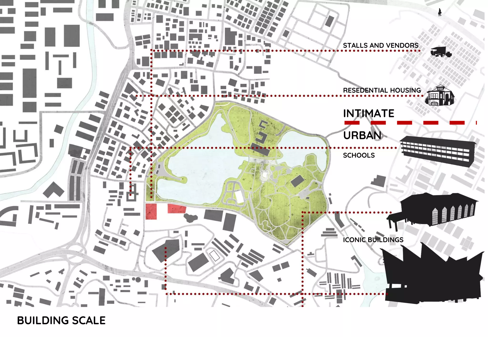 BUILDING SCALE
INTIMATE
URBAN
STALLS AND VENDORS
RESEDENTIAL HOUSING
SCHOOLS
ICONIC BUILDINGS
 