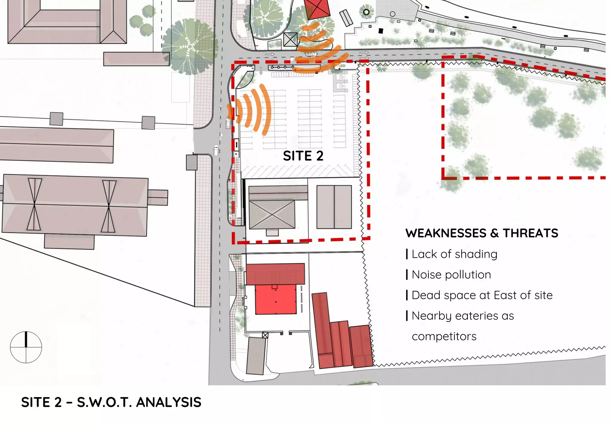 SITE 2 – S.W.O.T. ANALYSIS
WEAKNESSES & THREATS
| Lack of shading
| Noise pollution
| Dead space at East of site
| Nearby eateries as
competitors
SITE 2
 
