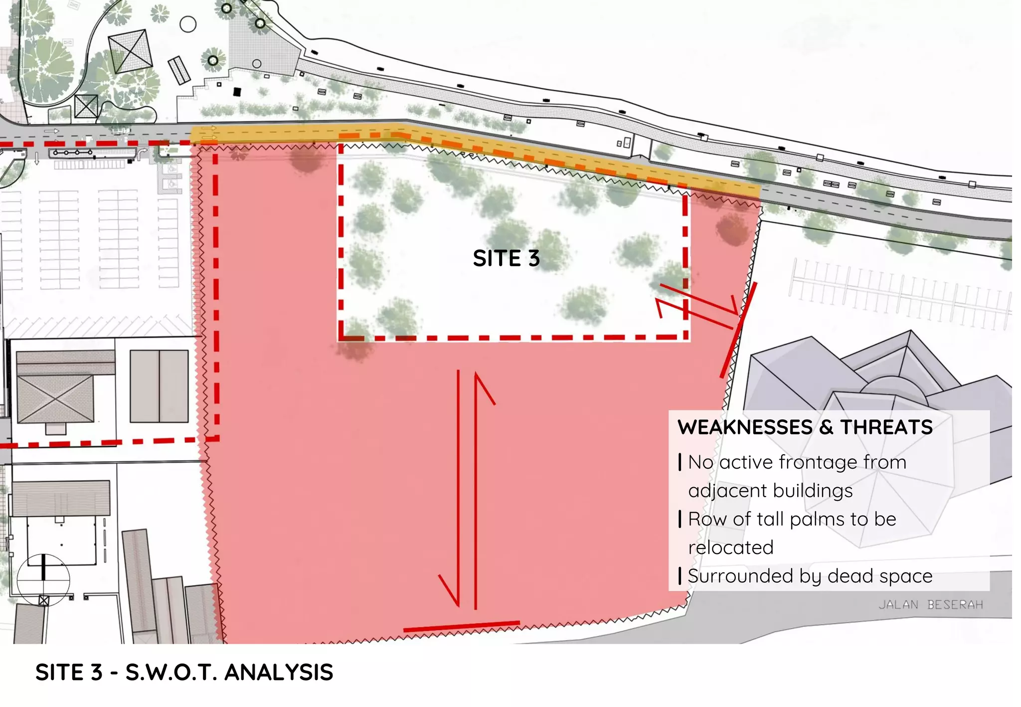 SITE 3 - S.W.O.T. ANALYSIS
SITE 3
WEAKNESSES & THREATS
| No active frontage from
adjacent buildings
| Row of tall palms to be
relocated
| Surrounded by dead space
 