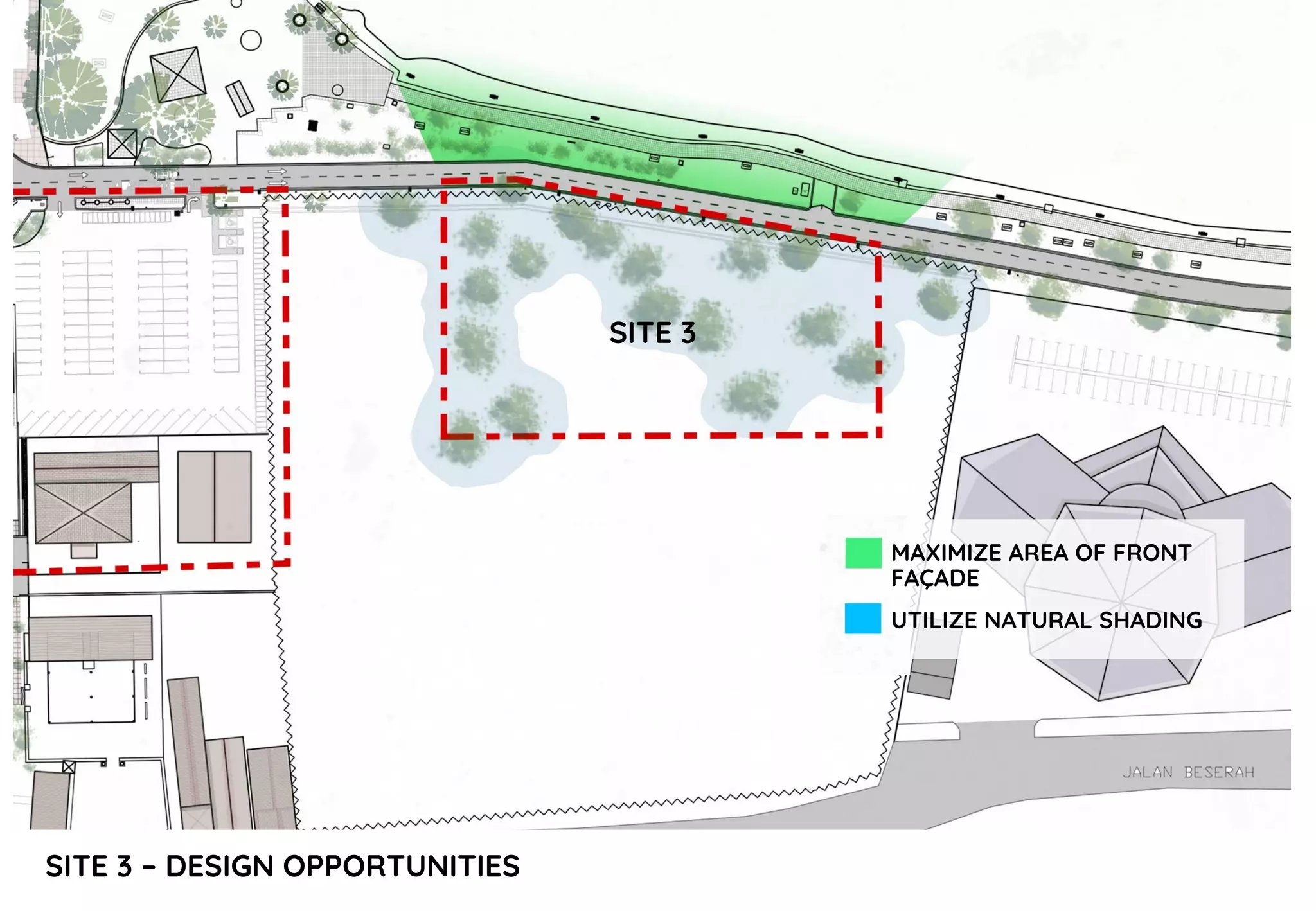 SITE 3 – DESIGN OPPORTUNITIES
MAXIMIZE AREA OF FRONT
FAÇADE
UTILIZE NATURAL SHADING
SITE 3
 