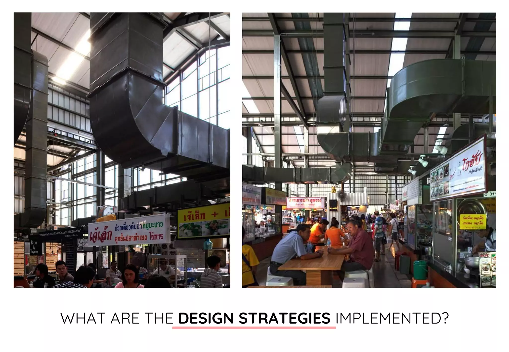 THE CONCEPT
| Disordered signs and arrangement on an open plan has been remained by an architect to
represent the ambience of local Thai market.
WHAT ARE THE DESIGN STRATEGIES IMPLEMENTED?
 