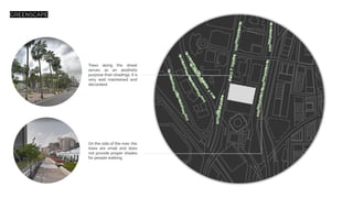 GREENSCAPE
Trees along the street
serves as an aesthetic
purpose than shadings. It is
very well maintained and
decorated.
On the side of the river, the
trees are small and does
not provide proper shades
for people walking,
 