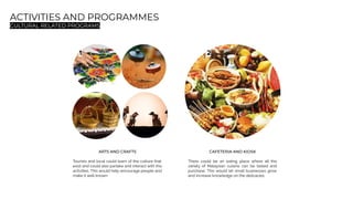 ACTIVITIES AND PROGRAMMES
CULTURAL RELATED PROGRAMS
1 2
ARTS AND CRAFTS
Tourists and local could learn of the culture that
exist and could also partake and interact with the
activities. This would help encourage people and
make it well known.
CAFETERIA AND KIOSK
There could be an eating place where all the
variety of Malaysian cuisine can be tasted and
purchase. This would let small businesses grow
and increase knowledge on the delicacies.
1
 