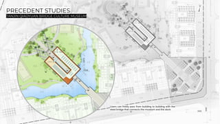 PRECEDENT STUDIES
TANJIN QIAOYUAN BRIDGE CULTURE MUSEUM
Users can freely pass from building to building with the
steel bridge that connects the museum and the dock.
 