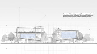 Two sides of the building serves diﬀerent purpose with the
smaller wing having educational facilities and an auditorium.
Meanwhile the larger wing side has exhibition galleries.
 