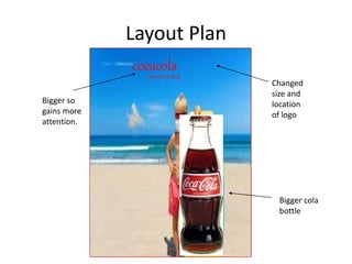 Layout Plan
cocacola
Taste the feeling
Changed
size and
location
of logo
Bigger so
gains more
attention.
Bigger cola
bottle
 