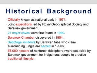 Historical Background
• Officially known as national park in 1971.
• Joint expeditions led by Royal Geographical Society and
Sarawak government.
• 27 major caves were first found in 1980.
• Sarawak Chamber discovered in 1984.
• Sabotage incidents by Berawan tribe who claim
surrounding jungle are sacred in 1990s.
• 66,000 hectare of rainforest (biosphere) were set aside by
Sarawak government for indigenous people to practice
traditional lifestyle.
 