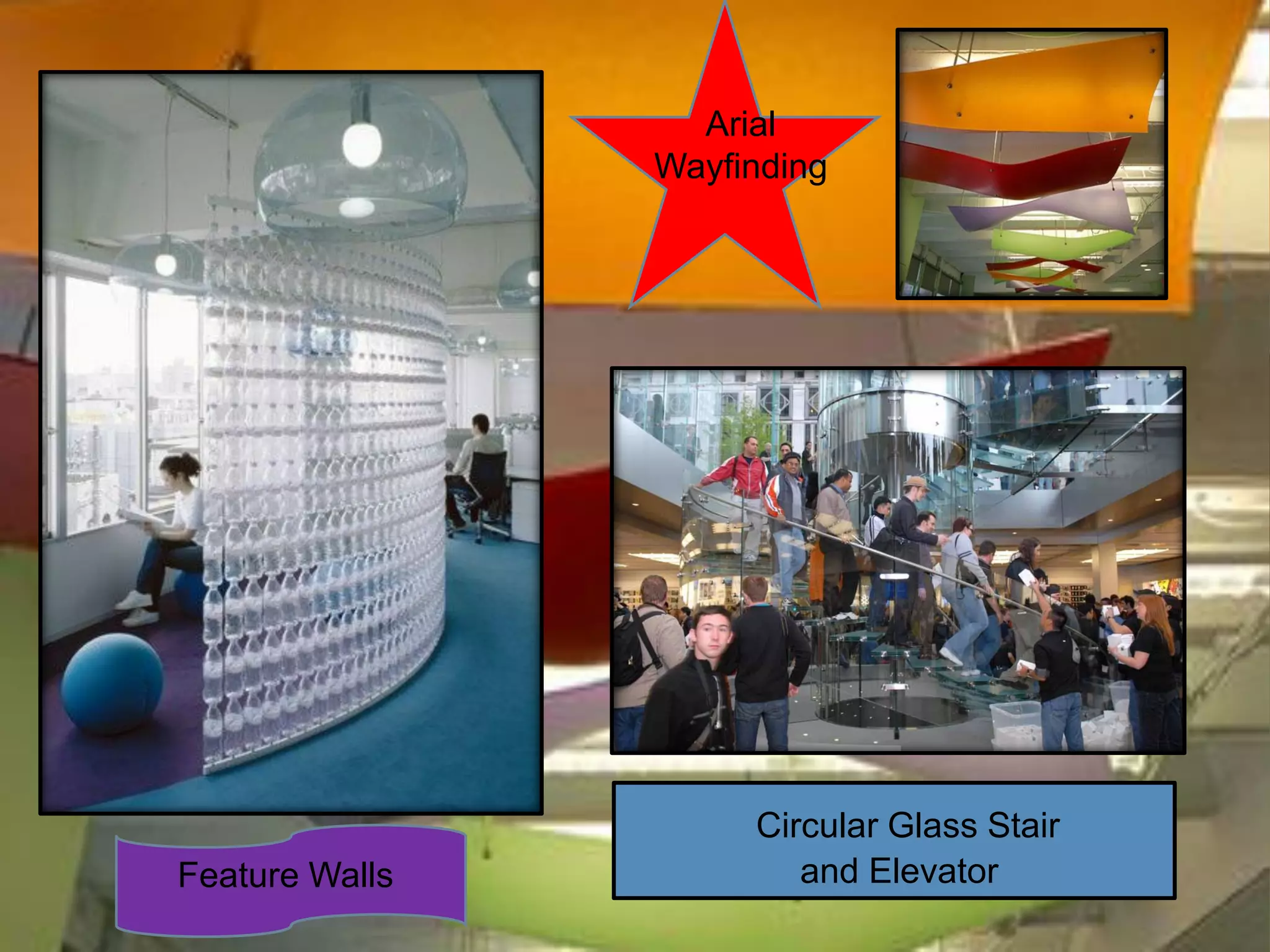 Arial
                Wayfinding




                     Circular Glass Stair
Feature Walls           and Elevator
 