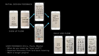 I N I T I A L D E S I G N F E E D B A C K
S I G N U P F L O W
D A I LY U S E F L O W
U S E R F E E D B A C K ( C h r i s , P a u l o , M a s h a )
- W h a t d o y o u m e a n b y “ s c a n s t u ff ” ?
- S e p a r a t e d i s c o v e r y f ro m l a i d b a c k l i s t e n i n g
- Wa n t a l o n g e r p l a y l i s t
 