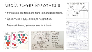 M E D I A P L AY E R H Y P O T H E S I S
• Playlists are scattered and hard to manage/combine.
• Good music is subjective and hard to find.
• Music is intensely personal and emotional
 