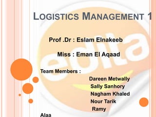 LOGISTICS MANAGEMENT 1
Team Members :
Dareen Metwally
Sally Sanhory
Nagham Khaled
Nour Tarik
Ramy
Alaa
Prof .Dr : Eslam Elnakeeb
Miss : Eman El Aqaad
 