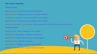 Internal Context:
■Performance factors - Financial results, regulatory requirements
■Resources factors - Infrastructure, Organization knowledge, Capabilities
■Human factors - competence of personnel, Org culture, Unions, Suppliers
■Operational factors - production / process capabilities, QMS performance
■Factors in the governance of the organization - Rules and procedures for decision making or organization's structure.
External Context:
■Economic factors - Money exchange rate, credit availability
■Social factors - Public holidays, working days, education level
■Political factors - Political stability, International trade agreements
■Technology factors - material and equipments
■Market Factors - Competition, market share, market stability
■Statutory and Regulatory factors - legal and statutory requirements
Main Context in Organization
 