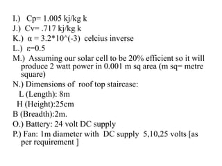 I.) Cp= 1.005 kj/kg k
J.) Cv= .717 kj/kg k
K.) α = 3.2*10^(-3) celcius inverse
L.) ε=0.5
M.) Assuming our solar cell to be 20% efficient so it will
produce 2 watt power in 0.001 m sq area (m sq= metre
square)
N.) Dimensions of roof top staircase:
L (Length): 8m
H (Height):25cm
B (Breadth):2m.
O.) Battery: 24 volt DC supply
P.) Fan: 1m diameter with DC supply 5,10,25 volts [as
per requirement ]
 