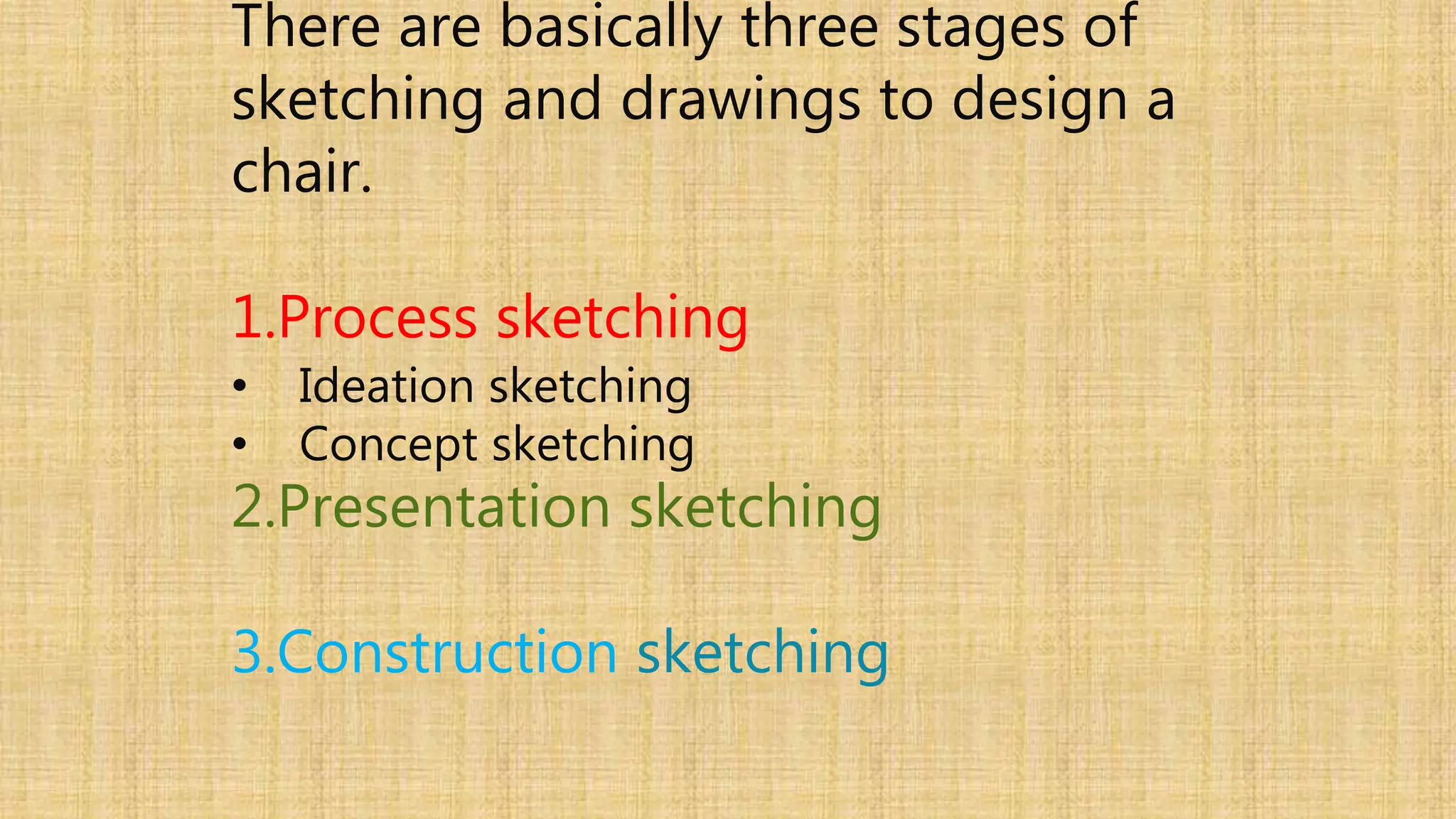 There are basically three stages of 
sketching and drawings to design a 
chair. 
1.Process sketching 
• Ideation sketching 
• Concept sketching 
2.Presentation sketching 
3.Construction sketching 
 