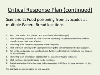 Cri@cal	Response	Plan	(con@nued)	
Scenario	2:	Food	poisoning	from	avocados	at	
mul@ple	Panera	Bread	loca@ons.	
	
1.  Send	crew	to	alert	Ron	(Owner)	and	Ma^	(Social	Media	Manager).	
2.  Ma^	to	develop	plan	with	his	team.	Evaluate	how	many	social	media	men@ons	and	how	
many	loca@ons	have	been	aﬀected.		
3.  Marke@ng	team	sends	out	responses	to	the	complaints.		
4.  Ma^	and	team	come	up	with	a	complementary	giq	to	compensate	for	the	bad	avocados.	
5.  Ron	sends	out	apology	video	via	Facebook,	Twi^er,	and	Instagram,	including	a	free	coupon	
for	all	customers.		
6.  Marke@ng	team	emphasizes	apprecia@on	for	customers’	loyalty	to	Panera.	
7.  Ma^	con@nues	to	monitor	social	media	men@ons.		
8.  Begin	inves@ga@on	for	be^er	place	to	buy	avocados.	Un@l	then,	no	more	avocados	on	the	
menu.		
Pre-approved	messaging:	None	for	this	scenario.		
 
