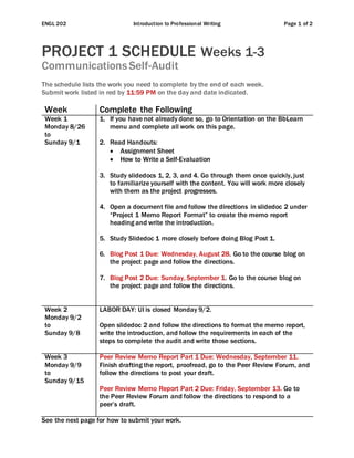 ENGL 202 Introduction to Professional Writing Page 1 of 2
PROJECT 1 SCHEDULE Weeks 1-3
CommunicationsSelf-Audit
The schedule lists the work you need to complete by the end of each week.
Submit work listed in red by 11:59 PM on the day and date indicated.
Week Complete the Following
Week 1
Monday 8/26
to
Sunday 9/1
1. If you have not already done so, go to Orientation on the BbLearn
menu and complete all work on this page.
2. Read Handouts:
 Assignment Sheet
 How to Write a Self-Evaluation
3. Study slidedocs 1, 2, 3, and 4. Go through them once quickly, just
to familiarize yourself with the content. You will work more closely
with them as the project progresses.
4. Open a document file and follow the directions in slidedoc 2 under
“Project 1 Memo Report Format” to create the memo report
heading and write the introduction.
5. Study Slidedoc 1 more closely before doing Blog Post 1.
6. Blog Post 1 Due: Wednesday, August 28. Go to the course blog on
the project page and follow the directions.
7. Blog Post 2 Due: Sunday, September 1. Go to the course blog on
the project page and follow the directions.
Week 2
Monday 9/2
to
Sunday 9/8
LABOR DAY: UI is closed Monday 9/2.
Open slidedoc 2 and follow the directions to format the memo report,
write the introduction, and follow the requirements in each of the
steps to complete the audit and write those sections.
Week 3
Monday 9/9
to
Sunday 9/15
Peer Review Memo Report Part 1 Due: Wednesday, September 11.
Finish drafting the report, proofread, go to the Peer Review Forum, and
follow the directions to post your draft.
Peer Review Memo Report Part 2 Due: Friday, September 13. Go to
the Peer Review Forum and follow the directions to respond to a
peer’s draft.
See the next page for how to submit your work.
 