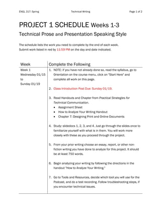 ENGL 317: Spring Technical Writing Page 1 of 2
	
PROJECT 1 SCHEDULE Weeks 1-3
Technical Prose and Presentation Speaking Style
The schedule lists the work you need to complete by the end of each week.
Submit work listed in red by 11:59 PM on the day and date indicated.
Week Complete the Following
Week 1
Wednesday 01/15
to
Sunday 01/19
1. NOTE: if you have not already done so, read the syllabus, go to
Orientation on the course menu, click on "Start Here" and
complete all work on this page.
2. Class Introduction Post Due: Sunday 01/19.
3. Read Handouts and Chapter from Practical Strategies for
Technical Communication.
• Assignment Sheet
• How to Analyze Your Writing Handout
• Chapter 7: Designing Print and Online Documents
4. Study: slidedocs 1, 2, 3, and 4. Just go through the slides once to
familiarize yourself with what is in them. You will work more
closely with these as you proceed through the project.
5. From your prior writing choose an essay, report, or other non-
fiction writing you have done to analyze for this project. It should
be at least 750 words.
6. Begin analyzing your writing by following the directions in the
handout "How to Analyze Your Writing."
7. Go to Tools and Resources, decide which tool you will use for the
Podcast, and do a test recording. Follow troubleshooting steps, if
you encounter technical issues.
 