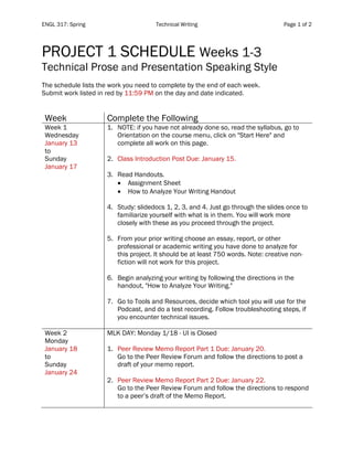 ENGL 317: Spring Technical Writing Page 1 of 2
	
PROJECT 1 SCHEDULE Weeks 1-3
Technical Prose and Presentation Speaking Style
The schedule lists the work you need to complete by the end of each week.
Submit work listed in red by 11:59 PM on the day and date indicated.
Week Complete the Following
Week 1
Wednesday
January 13
to
Sunday
January 17
1. NOTE: if you have not already done so, read the syllabus, go to
Orientation on the course menu, click on "Start Here" and
complete all work on this page.
2. Class Introduction Post Due: January 15.
3. Read Handouts.
• Assignment Sheet
• How to Analyze Your Writing Handout
4. Study: slidedocs 1, 2, 3, and 4. Just go through the slides once to
familiarize yourself with what is in them. You will work more
closely with these as you proceed through the project.
5. From your prior writing choose an essay, report, or other
professional or academic writing you have done to analyze for
this project. It should be at least 750 words. Note: creative non-
fiction will not work for this project.
6. Begin analyzing your writing by following the directions in the
handout, "How to Analyze Your Writing."
7. Go to Tools and Resources, decide which tool you will use for the
Podcast, and do a test recording. Follow troubleshooting steps, if
you encounter technical issues.
Week 2
Monday
January 18
to
Sunday
January 24
MLK DAY: Monday 1/18 - UI is Closed
1. Peer Review Memo Report Part 1 Due: January 20.
Go to the Peer Review Forum and follow the directions to post a
draft of your memo report.
2. Peer Review Memo Report Part 2 Due: January 22.
Go to the Peer Review Forum and follow the directions to respond
to a peer’s draft of the Memo Report.
 