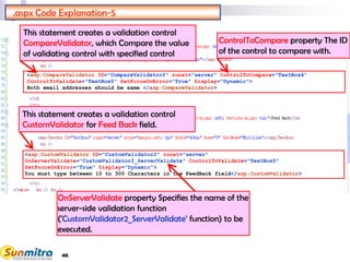 46
<asp:CompareValidator ID="CompareValidator2" runat="server" ControlToCompare="TextBox4"
ControlToValidate="TextBox5" SetFocusOnError="True" Display="Dynamic">
Both email addresses should be same </asp:CompareValidator>
.aspx Code Explanation-5
<asp:CustomValidator ID="CustomValidator2" runat="server"
OnServerValidate="CustomValidator2_ServerValidate" ControlToValidate="TextBox5"
SetFocusOnError="True" Display="Dynamic">
You must type between 10 to 300 Characters in the FeedBack field</asp:CustomValidator>
This statement creates a validation control
CompareValidator, which Compare the value
of validating control with specified control
ControlToCompare property The ID
of the control to compare with.
This statement creates a validation control
CustomValidator for Feed Back field.
OnServerValidate property Specifies the name of the
server-side validation function
('CustomValidator2_ServerValidate' function) to be
executed.
 
