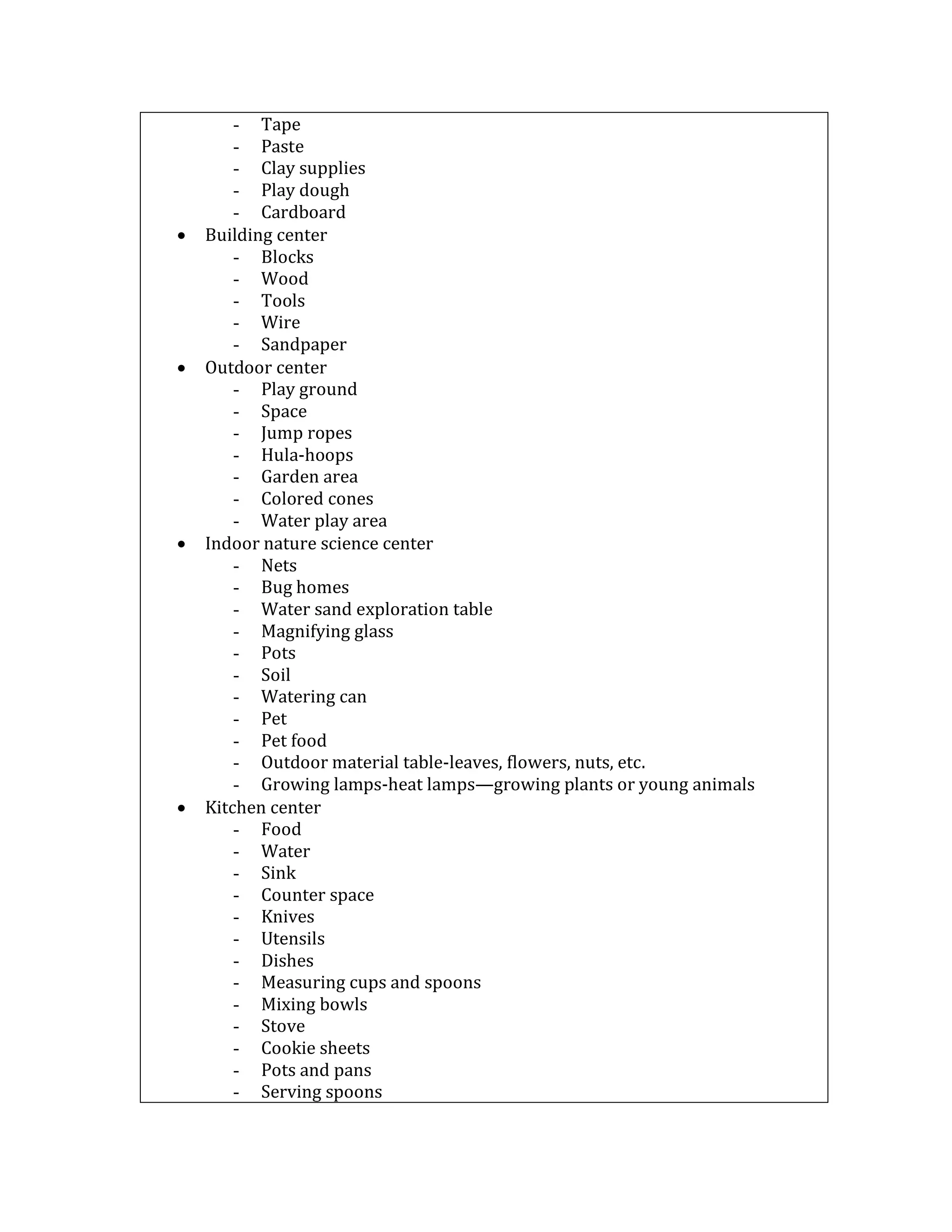 - Tape
- Paste
- Clay supplies
- Play dough
- Cardboard
 Building center
- Blocks
- Wood
- Tools
- Wire
- Sandpaper
 Outdoor center
- Play ground
- Space
- Jump ropes
- Hula-hoops
- Garden area
- Colored cones
- Water play area
 Indoor nature science center
- Nets
- Bug homes
- Water sand exploration table
- Magnifying glass
- Pots
- Soil
- Watering can
- Pet
- Pet food
- Outdoor material table-leaves, flowers, nuts, etc.
- Growing lamps-heat lamps—growing plants or young animals
 Kitchen center
- Food
- Water
- Sink
- Counter space
- Knives
- Utensils
- Dishes
- Measuring cups and spoons
- Mixing bowls
- Stove
- Cookie sheets
- Pots and pans
- Serving spoons
 