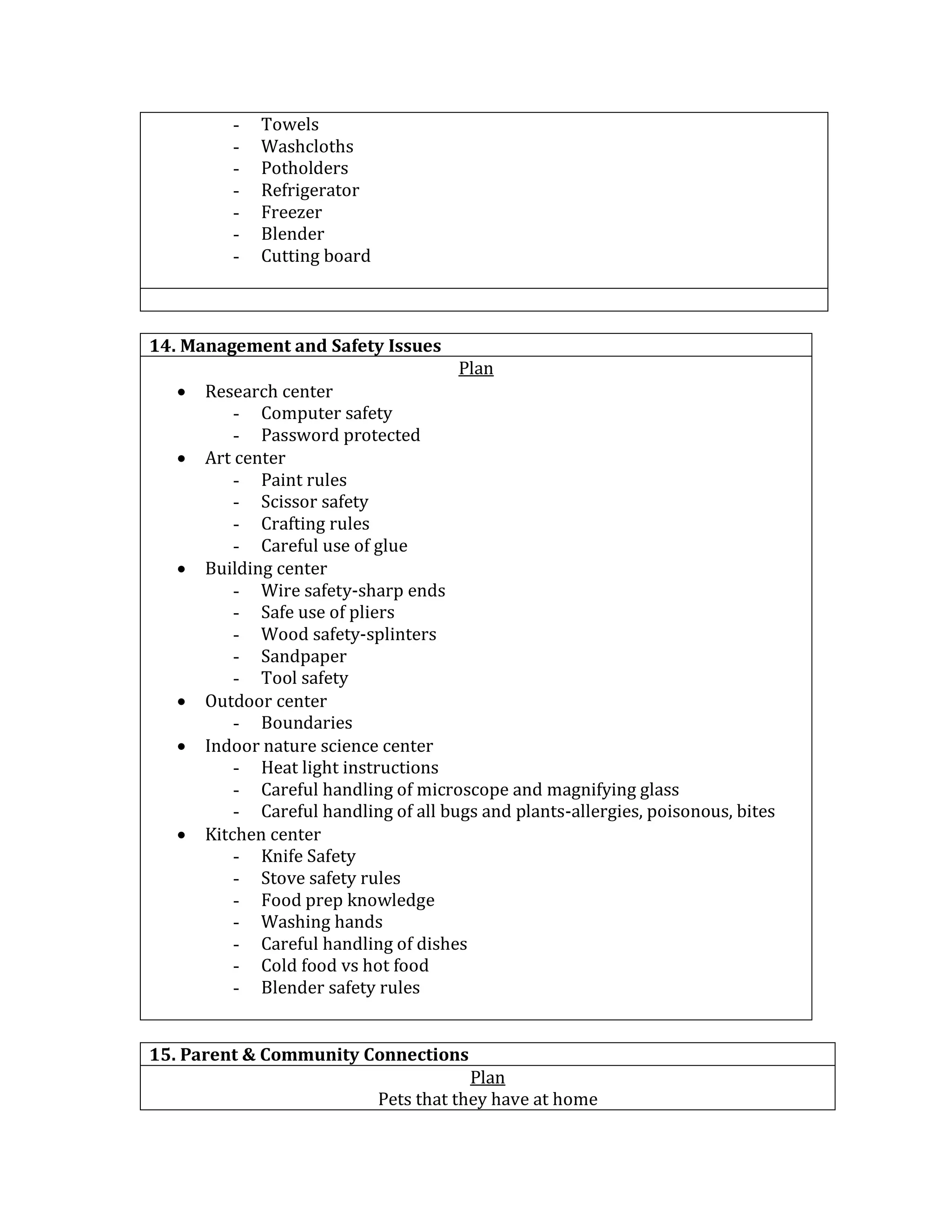 - Towels
- Washcloths
- Potholders
- Refrigerator
- Freezer
- Blender
- Cutting board
14. Management and Safety Issues
Plan
 Research center
- Computer safety
- Password protected
 Art center
- Paint rules
- Scissor safety
- Crafting rules
- Careful use of glue
 Building center
- Wire safety-sharp ends
- Safe use of pliers
- Wood safety-splinters
- Sandpaper
- Tool safety
 Outdoor center
- Boundaries
 Indoor nature science center
- Heat light instructions
- Careful handling of microscope and magnifying glass
- Careful handling of all bugs and plants-allergies, poisonous, bites
 Kitchen center
- Knife Safety
- Stove safety rules
- Food prep knowledge
- Washing hands
- Careful handling of dishes
- Cold food vs hot food
- Blender safety rules
15. Parent & Community Connections
Plan
Pets that they have at home
 