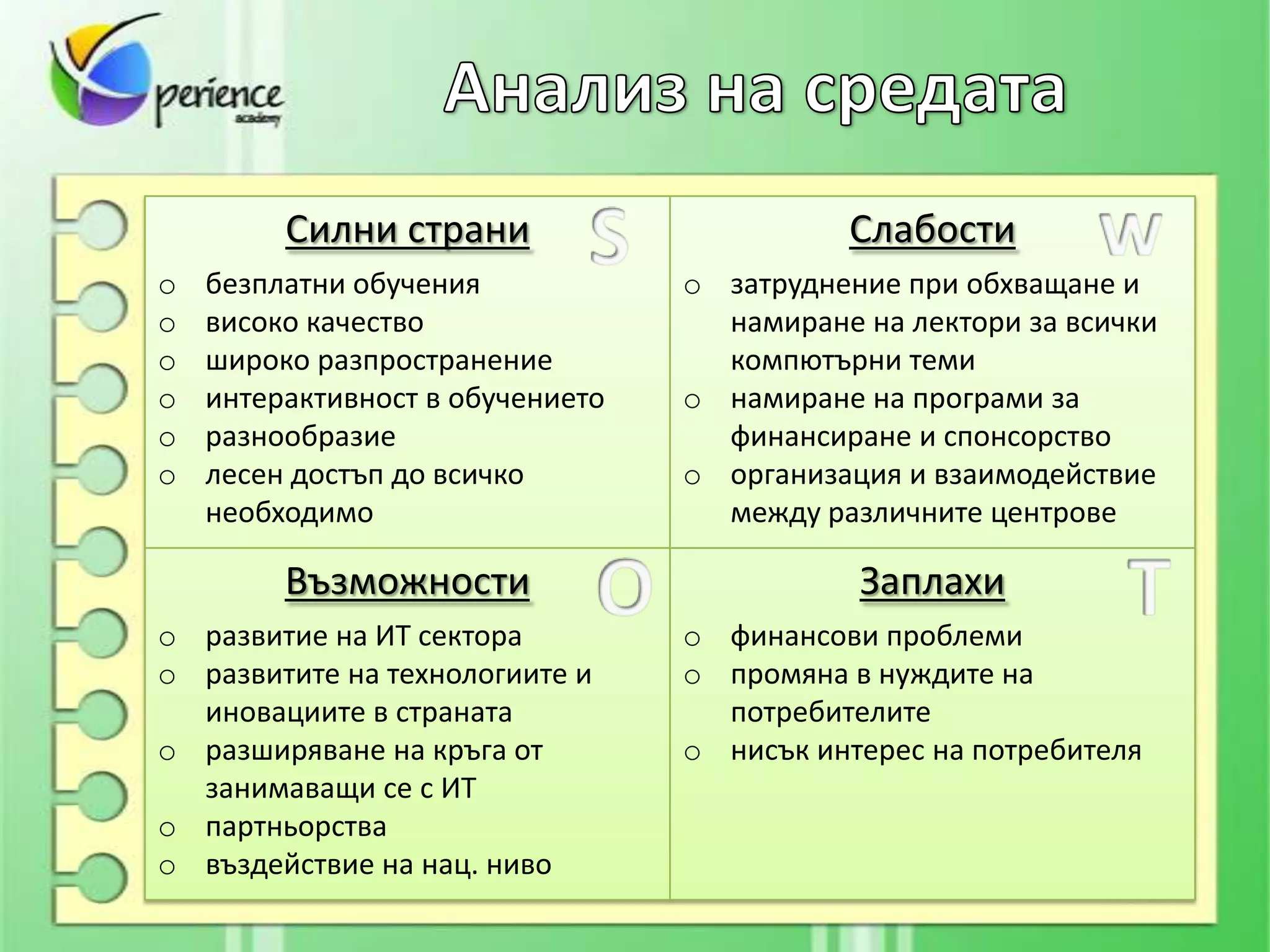 Силни страни                       Слабости
o   безплатни обучения            o затруднение при обхващане и
o   високо качество                 намиране на лектори за всички
o   широко разпространение          компютърни теми
o   интерактивност в обучението   o намиране на програми за
o   разнообразие                    финансиране и спонсорство
o   лесен достъп до всичко        o организация и взаимодействие
    необходимо                      между различните центрове

         Възможности                         Заплахи
o развитие на ИТ сектора          o финансови проблеми
o развитите на технологиите и     o промяна в нуждите на
  иновациите в страната             потребителите
o разширяване на кръга от         o нисък интерес на потребителя
  занимаващи се с ИТ
o партньорства
o въздействие на нац. ниво
 