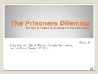 The Prisoners Dilemma
And How it Relates To Business’s Group Interactions
Group 6
Riley Nielsen, Sarah Parker, Valerie Parmarter,
Lauren Perry, Joseph Phillips
 