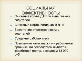 СОЦИАЛЬНАЯ
ЭФФЕКТИВНОСТЬ:

Снижение кол-ва ДТП по вине пьяных
водителей
Снижение жертв, погибших в ДТП

Воспитание ответственности у
водителей
Создание рабочих мест
Повышение качества жизни работников
организации посредством выплаты
заработной платы, в среднем 13 000
руб

 