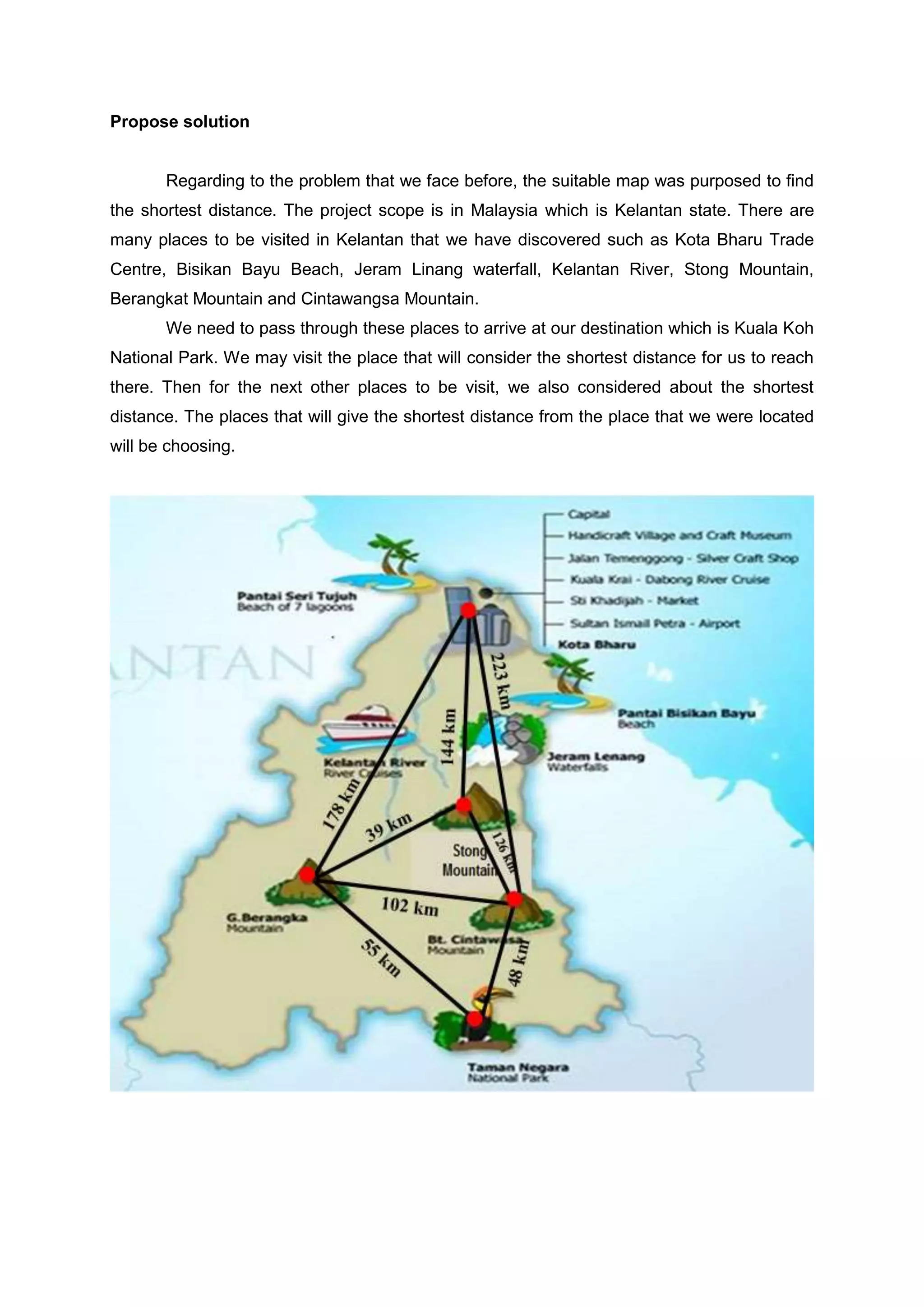 Propose solution
Regarding to the problem that we face before, the suitable map was purposed to find
the shortest distance. The project scope is in Malaysia which is Kelantan state. There are
many places to be visited in Kelantan that we have discovered such as Kota Bharu Trade
Centre, Bisikan Bayu Beach, Jeram Linang waterfall, Kelantan River, Stong Mountain,
Berangkat Mountain and Cintawangsa Mountain.
We need to pass through these places to arrive at our destination which is Kuala Koh
National Park. We may visit the place that will consider the shortest distance for us to reach
there. Then for the next other places to be visit, we also considered about the shortest
distance. The places that will give the shortest distance from the place that we were located
will be choosing.
 