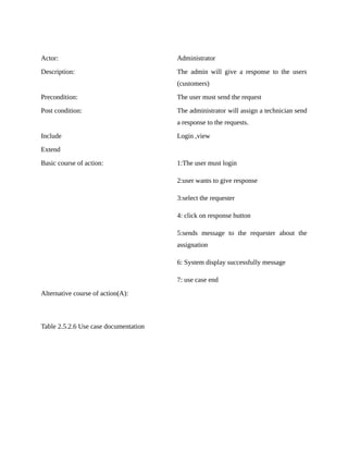 Actor: Administrator
Description: The admin will give a response to the users
(customers)
Precondition: The user must send the request
Post condition: The administrator will assign a technician send
a response to the requests.
Include Login ,view
Extend
Basic course of action: 1:The user must login
2:user wants to give response
3:select the requester
4: click on response button
5:sends message to the requester about the
assignation
6: System display successfully message
7: use case end
Alternative course of action(A):
Table 2.5.2.6 Use case documentation
 