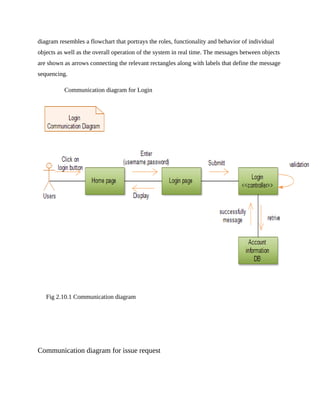 diagram resembles a flowchart that portrays the roles, functionality and behavior of individual
objects as well as the overall operation of the system in real time. The messages between objects
are shown as arrows connecting the relevant rectangles along with labels that define the message
sequencing.
Communication diagram for Login
Fig 2.10.1 Communication diagram
Communication diagram for issue request
 