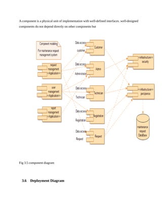 A component is a physical unit of implementation with well-defined interfaces .well-designed
components do not depend directly on other components but
Fig 3.5 component diagram
3.6 Deployment Diagram
 