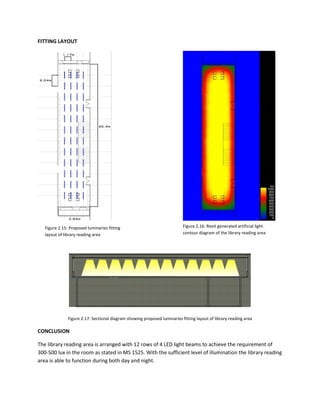FITTING LAYOUT
Figure 2.17: Sectional diagram showing proposed luminaries fitting layout of library reading area
CONCLUSION
The library reading area is arranged with 12 rows of 4 LED light beams to achieve the requirement of
300-500 lux in the room as stated in MS 1525. With the sufficient level of illumination the library reading
area is able to function during both day and night.
Figure 2.15: Proposed luminaries fitting
layout of library reading area
Figure 2.16: Revit generated artificial light
contour diagram of the library reading area
 