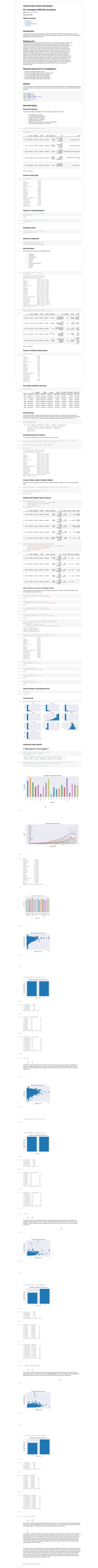 Udacity Data Analyst Nanodegree
P2: Investigate [TMDb Movie] dataset
Author: Mouhamadou GUEYE
Date: May 26, 2019
Table of contents
Introduction
Data Wrangling
Exploratory Data Analysis
Conclusions
Introduction
In this project we will analyze the dataset associated with the informations about 10000 movies collected from the movie
database TMDb. In particular we'll be interested in finding trends ralating most popular movies by genre, the movie rating and
popularity based on the budget and revenue.
Background:
The [Movie Database TMDB](https://www.themoviedb.org/) is a community built movie and TV database.
Every piece of data has been added by our amazing community dating back to 2008. TMDb's strong
international focus and breadth of data is largely unmatched and something we're incredibly proud of. Put
simply, we live and breathe community and that's precisely what makes us different. ### The TMDb
Advantage: 1. Every year since 2008, the number of contributions to our database has increased. With
over 125,000 developers and companies using our platform, TMDb has become a premiere source for
metadata. 2. Along with extensive metadata for movies, TV shows and people, we also offer one of the
best selections of high resolution posters and fan art. On average, over 1,000 images are added every
single day. 3. We're international. While we officially support 39 languages we also have extensive
regional data. Every single day TMDb is used in over 180 countries. 4. Our community is second to none.
Between our staff and community moderators, we're always here to help. We're passionate about making
sure your experience on TMDb is nothing short of amazing. 5. Trusted platform. Every single day our
service is used by millions of people while we process over 2 billion requests. We've proven for years that
this is a service that can be trusted and relied on. This organization profile is not owned or maintained by
TMDb: datasets hosted under this organization profile use the TMDb API but are not endorsed or
certified by TMDb[1].
Reseach Questions for investigations
1. What is the most popular movies by genre?
2. What is the most popular movies by genre from year to year?
3. Do movies with highest revenue have more popularity?
4. Do movies with highest budget have more popularity?
5. Do movies with highest revenue recieve a better rating?
6. Do movies with highest budget recieve a better rating?
Dataset
This data set contains information about 10,000 movies collected from The Movie Database (TMDb),including user ratings and
revenue.The dataset uses in this project is a cleaned version of the original dataset on Kaggle. where its full description can be
found there.
In [1]: # packages import
import numpy as np
import pandas as pd
import matplotlib.pyplot as plt
import seaborn as sns
sns.set_style('darkgrid')
%matplotlib inline
Data Wrangling
General Properties
In this step we will inspect the dataset, in order to undestand it's properties and structures:
The datatypes of each column
The number samples of the dataset
Number of columns in the dataset
Duplicate rows if any in the dataset
Features with missing values
Number of non-null unique value for features in each dataset
What are those unique values are, count of each
In [2]: movies = pd.read_csv('tmdb-movies.csv')
In [3]: # Printing the five first row of the dataframe
movies.head()
Columns Data Types
In [4]: movies.dtypes
Number of samples/columns
In [5]: # number of rows for the movie dataset
movies.shape[0]
In [6]: # Number of columns for the movie dataset
movies.shape[1]
Duplicates Rows
In [7]: # Duplicate rows in the movies dataset
sum(movies.duplicated())
Deletion of duplicates
In [8]: # Duplicate rows n the credit dataset
movies[movies.duplicated()]
movies.drop_duplicates(inplace=True)
Missing Values
We notice that there missing values in the following columns:
homepage
overview
release_date
tagline
runtime
cast
production_companies
director
genres
etc.
In [9]: # informations about the dataset
movies.info()
In [10]: # Inpecting rows with missing values
movies[movies.isnull().any(axis='columns')].head()
Number of Distinct Observations
In [11]: movies.nunique()
Descriptive Statistics Summary
In [12]: movies.describe()
Data Cleaning
In this step we will clean the dataset by removing columns that are irrelevant for our analysis, convert the release date
columns from a string to a datetime object, fill columns for budget and revenue which contains a huge amount of zero values
by their means, handle the columns with multiple values separated by a pipe (|), by splitting them in differents rows.
In [13]: # movies dataset columns
print(movies.columns)
Droping Extraneous Columns
These columns will dropped since they are not relevant on our data analysis.
In [14]: # columns to drop from the movies dataset, thes columns are irrelevant for our data analysis
columns = ['homepage', 'tagline', 'overview', 'keywords']
In [15]: movies.drop(labels=columns, axis=1, inplace=True)
In [16]: movies.info()
Convert release_date in datetime Object
The release_date in a string format, we will use panda's to_datetime method to convert the column from string to datatime
dtype.
In [17]: movies['release_date'] = pd.to_datetime(movies['release_date'],format='%m/%d/%y')
In [18]: # check the date format after cleaning
movies['release_date'].dtype
Dealing with Multiple Values Columns
In [19]: movies= (movies.drop('genres', axis=1)
.join(movies['genres'].str.split('|', expand=True)
.stack().reset_index(level=1,drop=True)
.rename('genres'))
.loc[:, movies.columns])
movies.head()
In [20]: # splitting into row the production_companies columns
movies= (movies.drop('production_companies', axis=1)
.join(movies['production_companies'].str.split('|', expand=True)
.stack().reset_index(level=1,drop=True)
.rename('production_companies'))
.loc[:, movies.columns])
movies.head()
Fill zero value in the revenue and budget columns
Here we inspect the column revenue, revenue_adj, budget and budget_adj counting the number of rows having 0 values
before filling those values with the mean.
In [21]: # inspecting the movies and budget columns
movies[movies['revenue'] == 0].count()['revenue']
In [22]: # inspecting the movies and budget columns
movies[movies['revenue_adj'] == 0].count()['revenue_adj']
In [23]: # inspecting the movies and budget columns
movies[movies['budget'] == 0].count()['budget']
In [24]: # inspecting the movies and budget columns
movies[movies['budget_adj'] == 0].count()['budget_adj']
In [25]: # fill the columns revenue and budget with their mean value
cols = ['budget', 'budget_adj', 'revenue', 'revenue_adj']
for item in cols:
print(item, movies[item].mean())
movies[item] = movies[item].replace({0:movies[item].mean()})
In [26]: # Check Whether the colums have been successfully filled
movies[movies['revenue'].notnull()].count()
In [27]: # should return False
(movies['revenue'] == 0).all()
In [28]: # should return False
(movies['revenue_adj'] == 0).all()
In [29]: # should return False
(movies['budget_adj'] == 0).all()
In [30]: # should return False
(movies['budget_adj'] == 0).all()
Check Number of samples/columns
In [31]: movies.shape
Visual Trends
In [32]: movies.hist(figsize=(15,10));
Exploratory data analysis
1. Which genres is more popular ?
In [33]: # unique genres movies existing in the dataframe
genres = movies['genres'].unique()
print(genres)
In [34]: # grouping movies by genre projecting on the popularity column and calculation of the mean
movies_by_genres = movies.groupby('genres')['popularity'].mean()
# plottting the bar chart of movies by genre
movies_by_genres.plot(kind='bar', alpha=.7, figsize=(15,6))
plt.xlabel("Genres", fontsize=18);
plt.ylabel("Popularity", fontsize=18);
plt.xticks(fontsize=10)
plt.title('Average movie popularity by genre', fontsize=18);
plt.grid(True)
2. Which genres is most popular from year to year?
In [35]: # plot data
fig, ax = plt.subplots(figsize=(15,7))
# grouping movies by genre
grouped= movies.groupby(['release_year', 'genres']).count()['popularity']
.unstack().plot(ax=ax, figsize=(15,6))
plt.xlabel("release year", fontsize=18);
plt.ylabel("count", fontsize=18);
plt.xticks(fontsize=10)
plt.title('movie popularity year by year', fontsize=18);
3. What Moving Genres recieves the highest average rating?
In [36]: # grouping the movies by genres and projecting on the rating column
rating = movies.groupby('genres')['vote_average'].mean()
rating
In [37]: # bar chart of the movies mean rating by genre
rating.plot(kind='bar', alpha=0.7)
plt.xlabel('Movie Genre', fontsize=12)
plt.ylabel('Vote Average', fontsize=12)
plt.title('Average Movie Quality by Genre', fontsize=12)
plt.grid(True)
4. Do movies with high revenue recieve the highest rating?
In [38]: plt.scatter(movies['revenue_adj'], movies['vote_average'], linewidth=5)
plt.title('Vote Ratings by Revenue Level', fontsize=15)
plt.xlabel('Revenue Level', fontsize=15)
plt.ylabel('Average Vote Rating', fontsize=15);
plt.show()
In [39]: # mean rating for each revenue level
median_rev = movies['revenue_adj'].median()
low = movies.query('revenue_adj < {}'.format(median_rev))
high = movies.query('revenue_adj >= {}'.format(median_rev))
# filtering to vote_average columns and calculation of the mean
mean_low = low['vote_average'].mean()
mean_high = high['vote_average'].mean()
In [40]: heights = [mean_low, mean_high]
print(heights)
labels = ['low', 'high']
locations = [1,2]
plt.bar(locations, heights, tick_label=labels)
plt.title('Average Vote Ratings by Revenue Level', fontsize=15)
plt.xlabel('Revenue Level', fontsize=12)
plt.ylabel('Average Vote Rating', fontsize=15);
In [41]: # counting the movie revenue unique values
movies.revenue.value_counts().head()
In [42]: # 10 first values
movies.groupby('revenue_adj')['vote_average'].value_counts().head(10)
In [43]: # 10 last values
movies.groupby('revenue_adj')['vote_average'].value_counts().tail(10)
In [44]: # comparison of the median popularity of movies with low and high revenue
movies.query('revenue_adj < {}'.format(median_rev))['vote_average'].median(), movies.query('revenue_
adj > {}'.format(median_rev))['vote_average'].median()
Partial conclusion
It is difficult to say the movies with high revenue have a better rating since according to the histogram, the height of the
histogram are approximativaty the same. For deeper comparison the median vote average with low and high revenue is
calculated. we notice that median movie vote average for movie with low revenue is 6.0 while the one of movie with high
revenue is 6.3.
5. Do movies with high budget get the highest rating?
In [45]: # scatter plot of the budget versus vote rating
plt.scatter(movies['budget_adj'], movies['vote_average'], linewidth=5)
plt.title('Vote Ratings by Budget Level', fontsize=15)
plt.xlabel('Budget Level', fontsize=15)
plt.ylabel('Vote Rating', fontsize=15);
plt.show()
In [46]: # mean rating for each revenue level
median_bud = movies['budget_adj'].median()
low = movies.query('budget_adj < {}'.format(median_bud))
high = movies.query('budget_adj >= {}'.format(median_bud))
# filtering to vote_average columns and calculation of the mean
mean_low = low['vote_average'].mean()
mean_high = high['vote_average'].mean()
print([mean_low, mean_high])
In [47]: heights = [mean_low, mean_high]
print(heights)
labels = ['low', 'high']
locations = [1,2]
plt.bar(locations, heights, tick_label=labels)
plt.title('Average Vote Ratings by Budget Level', fontsize=15)
plt.xlabel('Budget Level', fontsize=12)
plt.ylabel('Average Vote Rating', fontsize=15);
In [48]: # counting the movie revenue unique values
movies.budget.value_counts().head()
In [49]: # 10 first values
movies.groupby('budget_adj')['vote_average'].value_counts().head(10)
In [50]: # 10 last values
movies.groupby('budget_adj')['vote_average'].value_counts().tail(10)
In [51]: # comparison of the median popularity of movies with low and high revenue
(movies.query('budget_adj < {}'.format(median_rev))['vote_average'].median(),
movies.query('budget_adj > {}'.format(median_rev))['vote_average'].median())
Partial conclusion
It is difficult to say the movies with high budget have a better rating since according to the histogram, the height of the
histogram are approximativaty the same. For deeper comparison the median vote average with low and high revenue is
calculated. we notice that median movie vote average for movie with low revenue is 6.0 while the one of movie with high
revenue is 6.2.
6. Do movies with highest revenue have more popularity?
In [52]: plt.scatter(movies['revenue_adj'], movies['popularity'], linewidth=5)
plt.title('Popularity by Revenue Level', fontsize=15)
plt.xlabel('Revenue Level', fontsize=15)
plt.ylabel('Average Popularity', fontsize=15);
plt.show()
In [53]: # mean rating for each revenue level
median_rev = movies['revenue_adj'].median()
low = movies.query('revenue_adj < {}'.format(median_rev))
high = movies.query('revenue_adj >= {}'.format(median_rev))
# filtering to popularity columns and calculation of the mean
mean_low = low['popularity'].mean()
mean_high = high['popularity'].mean()
In [54]: # list of the mean and high revenue for historgram chart
heights = [mean_low, mean_high]
print(heights)
labels = ['low', 'high']
locations = [1,2]
plt.bar(locations, heights, tick_label=labels)
plt.title('Average Popularity by Revenue Level', fontsize=15)
plt.xlabel('Revenue Level', fontsize=12)
plt.ylabel('Average Popularity', fontsize=15);
In [55]: # counting the movie revenue unique values
movies.revenue_adj.value_counts().head()
In [56]: # 10 first values
movies.groupby('revenue_adj')['popularity'].value_counts().head(10)
In [57]: # 10 last values
movies.groupby('revenue_adj')['popularity'].value_counts().tail(10)
In [58]: # comparison of the median popularity of movies with low and high revenue
(movies.query('revenue_adj < {}'.format(median_rev))['popularity'].median(),
movies.query('revenue_adj > {}'.format(median_rev))['popularity'].median())
Partial conclusion
We can see that, the film with high revenue seem to be more popular than the ones with low revenue, with an average
popularity respectively of 0.7420684714824547 and 0.9989869505300212. Morever by comparing the median popularity of
movies with low and high revenue, we can clearly see that the movie with high revenue are more popular.
7. Do movies with highest budget have more popularity?
In [59]: # scatter plot of the movies budget versus popularity
plt.scatter(movies['budget_adj'], movies['popularity'], linewidth=5)
plt.title('Popularity by Revenue Level', fontsize=15)
plt.xlabel('Budget Level', fontsize=15)
plt.ylabel('Average Popularity', fontsize=15);
plt.show()
In [60]: # mean rating for each revenue level
median_rev = movies['budget_adj'].median()
low = movies.query('budget_adj < {}'.format(median_rev))
high = movies.query('budget_adj >= {}'.format(median_rev))
# filtering to popularity columns and calculation of the mean
mean_low = low['popularity'].mean()
mean_high = high['popularity'].mean()
In [61]: heights = [mean_low, mean_high]
print(heights)
labels = ['low', 'high']
locations = [1,2]
plt.bar(locations, heights, tick_label=labels)
plt.title('Average Popularity by Budget Level', fontsize=15)
plt.xlabel('Budget Level', fontsize=12)
plt.ylabel('Average Popularity', fontsize=15);
In [62]: # counting the movie budget unique values
movies.budget_adj.value_counts().head()
In [63]: # 10 first values
movies.groupby('budget_adj')['popularity'].value_counts().head(10)
In [64]: # 10 last values
movies.groupby('budget_adj')['popularity'].value_counts().tail(10)
In [65]: # comparison of the median popularity of movies with low and high revenue
(movies.query('budget_adj < {}'.format(median_rev))['popularity'].median(),
movies.query('budget_adj > {}'.format(median_rev))['popularity'].median())
Partial conclusion
We can see that, the film with high budget seem to be more popular than the ones with low budget, with an average popularity
respectively of 0.7564478409230605 and 0.979017978784679. Morever by comparing the median popularity of movies with
low and high budget, we can clearly see that the movie with high budget seem more popular.
Conclusions
In this project, we started our analysis by examining the most popular movie by genre. We notice the adventure movies are the
most popular movies genre. We've, then examined, the movie popularity year by year. For, this since there is no correlation
between release_year and movie popularity, the count of the realese movie each year is used for the analysis. Based on the
relation between the genres and vote avarage, we found that, the Documentary recieves the highest rating. Moreover, we
have analyzed the dataset trying to answer different questions related to movies popularity and rating versus revenue and
budget. While the movies with high revenue and budget seem to be more popular, we could not find a correlation between
movie budget and revenue with rating.
Limitations
For a better analysis, a more details seems to be useful regarding the variables popularity and vote_average and how they are
calculated? The factors/criteria used for their calculations. During the analysis process the columns in which we are interested
in this analayis (budget, revenue, budget_adj and revenue_adj) contain many missing values which have been filled using the
mean. This seems not the best way to fix those columns since the mean is not always the best measure of center. Another
limitations in this analysis, the process of categorizing the movie with low and high revenue and budget using the median.
Since some movie have a huge amount of budget and revenue and the fact that we fill many missing values with the mean,
the median should not be the best for categoring the movie.
References:
[1]: https://www.themoviedb.org/about
In [ ]:
Out[3]:
id imdb_id popularity budget revenue original_title cast home
0 135397 tt0369610 32.985763 150000000 1513528810
Jurassic
World
Chris Pratt|Bryce
Dallas
Howard|Irrfan
Khan|Vi...
http://www.jurassicworld
1 76341 tt1392190 28.419936 150000000 378436354
Mad Max:
Fury Road
Tom
Hardy|Charlize
Theron|Hugh
Keays-
Byrne|Nic...
http://www.madmaxmovie
2 262500 tt2908446 13.112507 110000000 295238201 Insurgent
Shailene
Woodley|Theo
James|Kate
Winslet|Ansel...
http://www.thedivergentseries.movie/#insu
3 140607 tt2488496 11.173104 200000000 2068178225
Star Wars:
The Force
Awakens
Harrison
Ford|Mark
Hamill|Carrie
Fisher|Adam D...
http://www.starwars.com/films/star-w
epi
4 168259 tt2820852 9.335014 190000000 1506249360 Furious 7
Vin Diesel|Paul
Walker|Jason
Statham|Michelle
...
http://www.furious7
5 rows × 21 columns
Out[4]: id int64
imdb_id object
popularity float64
budget int64
revenue int64
original_title object
cast object
homepage object
director object
tagline object
keywords object
overview object
runtime int64
genres object
production_companies object
release_date object
vote_count int64
vote_average float64
release_year int64
budget_adj float64
revenue_adj float64
dtype: object
Out[5]: 10866
Out[6]: 21
Out[7]: 1
<class 'pandas.core.frame.DataFrame'>
Int64Index: 10865 entries, 0 to 10865
Data columns (total 21 columns):
id 10865 non-null int64
imdb_id 10855 non-null object
popularity 10865 non-null float64
budget 10865 non-null int64
revenue 10865 non-null int64
original_title 10865 non-null object
cast 10789 non-null object
homepage 2936 non-null object
director 10821 non-null object
tagline 8041 non-null object
keywords 9372 non-null object
overview 10861 non-null object
runtime 10865 non-null int64
genres 10842 non-null object
production_companies 9835 non-null object
release_date 10865 non-null object
vote_count 10865 non-null int64
vote_average 10865 non-null float64
release_year 10865 non-null int64
budget_adj 10865 non-null float64
revenue_adj 10865 non-null float64
dtypes: float64(4), int64(6), object(11)
memory usage: 1.8+ MB
Out[10]:
id imdb_id popularity budget revenue original_title cast homepage director tagline
18 150689 tt1661199 5.556818 95000000 542351353 Cinderella
Lily James|Cate
Blanchett|Richard
Madden|Helen...
NaN
Kenneth
Branagh
Midnight
is just the
beginning.
21 307081 tt1798684 5.337064 30000000 91709827 Southpaw
Jake
Gyllenhaal|Rachel
McAdams|Forest
Whitaker...
NaN
Antoine
Fuqua
Believe in
Hope.
26 214756 tt2637276 4.564549 68000000 215863606 Ted 2
Mark Wahlberg|Seth
MacFarlane|Amanda
Seyfried|...
NaN
Seth
MacFarlane
Ted is
Coming,
Again.
32 254470 tt2848292 3.877764 29000000 287506194
Pitch Perfect
2
Anna
Kendrick|Rebel
Wilson|Hailee
Steinfeld|Br...
NaN
Elizabeth
Banks
We're
back
pitches
33 296098 tt3682448 3.648210 40000000 162610473
Bridge of
Spies
Tom Hanks|Mark
Rylance|Amy
Ryan|Alan
Alda|Seba...
NaN
Steven
Spielberg
In the
shadow of
war, one
man
showed
the
world...
5 rows × 21 columns
Out[11]: id 10865
imdb_id 10855
popularity 10814
budget 557
revenue 4702
original_title 10571
cast 10719
homepage 2896
director 5067
tagline 7997
keywords 8804
overview 10847
runtime 247
genres 2039
production_companies 7445
release_date 5909
vote_count 1289
vote_average 72
release_year 56
budget_adj 2614
revenue_adj 4840
dtype: int64
Out[12]:
id popularity budget revenue runtime vote_count vote_average release_year
count 10865.000000 10865.000000 1.086500e+04 1.086500e+04 10865.000000 10865.000000 10865.000000 10865.000000
mean 66066.374413 0.646446 1.462429e+07 3.982690e+07 102.071790 217.399632 5.975012 2001.321859
std 92134.091971 1.000231 3.091428e+07 1.170083e+08 31.382701 575.644627 0.935138 12.813260
min 5.000000 0.000065 0.000000e+00 0.000000e+00 0.000000 10.000000 1.500000 1960.000000
25% 10596.000000 0.207575 0.000000e+00 0.000000e+00 90.000000 17.000000 5.400000 1995.000000
50% 20662.000000 0.383831 0.000000e+00 0.000000e+00 99.000000 38.000000 6.000000 2006.000000
75% 75612.000000 0.713857 1.500000e+07 2.400000e+07 111.000000 146.000000 6.600000 2011.000000
max 417859.000000 32.985763 4.250000e+08 2.781506e+09 900.000000 9767.000000 9.200000 2015.000000
Index(['id', 'imdb_id', 'popularity', 'budget', 'revenue', 'original_title',
'cast', 'homepage', 'director', 'tagline', 'keywords', 'overview',
'runtime', 'genres', 'production_companies', 'release_date',
'vote_count', 'vote_average', 'release_year', 'budget_adj',
'revenue_adj'],
dtype='object')
<class 'pandas.core.frame.DataFrame'>
Int64Index: 10865 entries, 0 to 10865
Data columns (total 17 columns):
id 10865 non-null int64
imdb_id 10855 non-null object
popularity 10865 non-null float64
budget 10865 non-null int64
revenue 10865 non-null int64
original_title 10865 non-null object
cast 10789 non-null object
director 10821 non-null object
runtime 10865 non-null int64
genres 10842 non-null object
production_companies 9835 non-null object
release_date 10865 non-null object
vote_count 10865 non-null int64
vote_average 10865 non-null float64
release_year 10865 non-null int64
budget_adj 10865 non-null float64
revenue_adj 10865 non-null float64
dtypes: float64(4), int64(6), object(7)
memory usage: 1.5+ MB
Out[18]: dtype('<M8[ns]')
Out[19]:
id imdb_id popularity budget revenue original_title cast director runtime genres product
0 135397 tt0369610 32.985763 150000000 1513528810
Jurassic
World
Chris
Pratt|Bryce
Dallas
Howard|Irrfan
Khan|Vi...
Colin
Trevorrow
124 Action
Universa
Entertain
0 135397 tt0369610 32.985763 150000000 1513528810
Jurassic
World
Chris
Pratt|Bryce
Dallas
Howard|Irrfan
Khan|Vi...
Colin
Trevorrow
124 Adventure
Universa
Entertain
0 135397 tt0369610 32.985763 150000000 1513528810
Jurassic
World
Chris
Pratt|Bryce
Dallas
Howard|Irrfan
Khan|Vi...
Colin
Trevorrow
124
Science
Fiction
Universa
Entertain
0 135397 tt0369610 32.985763 150000000 1513528810
Jurassic
World
Chris
Pratt|Bryce
Dallas
Howard|Irrfan
Khan|Vi...
Colin
Trevorrow
124 Thriller
Universa
Entertain
1 76341 tt1392190 28.419936 150000000 378436354
Mad Max:
Fury Road
Tom
Hardy|Charlize
Theron|Hugh
Keays-
Byrne|Nic...
George
Miller
120 Action
Vi
Pictures
Out[20]:
id imdb_id popularity budget revenue original_title cast director runtime genres production_c
0 135397 tt0369610 32.985763 150000000 1513528810
Jurassic
World
Chris
Pratt|Bryce
Dallas
Howard|Irrfan
Khan|Vi...
Colin
Trevorrow
124 Action Univers
0 135397 tt0369610 32.985763 150000000 1513528810
Jurassic
World
Chris
Pratt|Bryce
Dallas
Howard|Irrfan
Khan|Vi...
Colin
Trevorrow
124 Action Amblin Ent
0 135397 tt0369610 32.985763 150000000 1513528810
Jurassic
World
Chris
Pratt|Bryce
Dallas
Howard|Irrfan
Khan|Vi...
Colin
Trevorrow
124 Action Legenda
0 135397 tt0369610 32.985763 150000000 1513528810
Jurassic
World
Chris
Pratt|Bryce
Dallas
Howard|Irrfan
Khan|Vi...
Colin
Trevorrow
124 Action Fuji Televisio
0 135397 tt0369610 32.985763 150000000 1513528810
Jurassic
World
Chris
Pratt|Bryce
Dallas
Howard|Irrfan
Khan|Vi...
Colin
Trevorrow
124 Action
Out[21]: 76851
Out[22]: 76851
Out[23]: 69433
Out[24]: 69433
budget 26775356.47371121
budget_adj 30889712.59859798
revenue 70334023.35863845
revenue_adj 84260108.11800905
Out[26]: id 181294
imdb_id 181249
popularity 181294
budget 181294
revenue 181294
original_title 181294
cast 181023
director 181104
runtime 181294
genres 181270
production_companies 179082
release_date 181294
vote_count 181294
vote_average 181294
release_year 181294
budget_adj 181294
revenue_adj 181294
dtype: int64
Out[27]: False
Out[28]: False
Out[29]: False
Out[30]: False
Out[31]: (181294, 17)
['Action' 'Adventure' 'Science Fiction' 'Thriller' 'Fantasy' 'Crime'
'Western' 'Drama' 'Family' 'Animation' 'Comedy' 'Mystery' 'Romance' 'War'
'History' 'Music' 'Horror' 'Documentary' 'TV Movie' nan 'Foreign']
Out[36]: genres
Action 5.859801
Adventure 5.962865
Animation 6.333965
Comedy 5.917464
Crime 6.112665
Documentary 6.957312
Drama 6.156389
Family 5.973175
Fantasy 5.895793
Foreign 5.892970
History 6.417070
Horror 5.444786
Music 6.302175
Mystery 5.986585
Romance 6.059295
Science Fiction 5.738771
TV Movie 5.651250
Thriller 5.848404
War 6.336557
Western 6.101556
Name: vote_average, dtype: float64
[5.971800334804548, 5.967507674675677]
Out[41]: 7.033402e+07 76851
2.000000e+06 152
2.000000e+07 126
1.200000e+07 126
5.318650e+08 125
Name: revenue, dtype: int64
Out[42]: revenue_adj vote_average
2.370705 6.4 12
2.861934 6.8 12
3.038360 7.7 5
5.926763 6.8 4
6.951084 4.9 8
8.585801 4.5 4
9.056820 6.7 20
9.115080 5.1 2
10.000000 4.2 9
10.296367 6.5 18
Name: vote_average, dtype: int64
Out[43]: revenue_adj vote_average
1.443191e+09 7.3 9
1.574815e+09 6.6 16
1.583050e+09 5.6 25
1.791694e+09 7.2 32
1.902723e+09 7.5 48
1.907006e+09 7.3 18
2.167325e+09 7.2 18
2.506406e+09 7.3 27
2.789712e+09 7.9 18
2.827124e+09 7.1 64
Name: vote_average, dtype: int64
Out[44]: (6.0, 6.3)
[5.981346153846566, 5.963905517657313]
[5.981346153846566, 5.963905517657313]
Out[48]: 2.677536e+07 69433
2.000000e+07 4331
2.500000e+07 4255
3.000000e+07 3902
4.000000e+07 3584
Name: budget, dtype: int64
Out[49]: budget_adj vote_average
0.921091 4.1 3
0.969398 5.3 20
1.012787 6.5 48
1.309053 4.8 8
2.908194 6.5 12
3.000000 7.3 12
4.519285 5.6 9
4.605455 6.0 1
5.006696 5.8 27
8.102293 6.9 45
Name: vote_average, dtype: int64
Out[50]: budget_adj vote_average
2.504192e+08 5.8 16
2.541001e+08 7.3 18
2.575999e+08 7.4 27
2.600000e+08 7.3 8
2.713305e+08 5.8 27
2.716921e+08 7.3 27
2.920507e+08 5.3 64
3.155006e+08 6.8 27
3.683713e+08 6.3 27
4.250000e+08 6.4 25
Name: vote_average, dtype: int64
Out[51]: (6.0, 6.2)
[0.7420684714824547, 0.9989869505300212]
Out[55]: 8.426011e+07 76851
2.358000e+07 125
4.978434e+08 125
2.231273e+07 125
1.934053e+07 125
Name: revenue_adj, dtype: int64
Out[56]: revenue_adj popularity
2.370705 0.462609 12
2.861934 0.552091 12
3.038360 0.352054 5
5.926763 0.208637 4
6.951084 0.578849 8
8.585801 0.183034 4
9.056820 0.450208 20
9.115080 0.113082 2
10.000000 0.559371 9
10.296367 0.222776 18
Name: popularity, dtype: int64
Out[57]: revenue_adj popularity
1.443191e+09 7.637767 9
1.574815e+09 2.631987 16
1.583050e+09 1.136610 25
1.791694e+09 2.900556 32
1.902723e+09 11.173104 48
1.907006e+09 2.563191 18
2.167325e+09 2.010733 18
2.506406e+09 4.355219 27
2.789712e+09 12.037933 18
2.827124e+09 9.432768 64
Name: popularity, dtype: int64
Out[58]: (0.58808, 1.4886709999999999)
[0.7564478409230605, 0.9790179787846799]
Out[62]: 3.088971e+07 69433
2.032801e+07 532
2.103337e+07 421
4.065602e+07 385
2.908194e+07 381
Name: budget_adj, dtype: int64
Out[63]: budget_adj popularity
0.921091 0.177102 3
0.969398 0.520430 20
1.012787 0.472691 48
1.309053 0.090186 8
2.908194 0.228643 12
3.000000 0.028456 12
4.519285 0.464188 9
4.605455 0.002922 1
5.006696 0.317091 27
8.102293 0.626646 45
Name: popularity, dtype: int64
Out[64]: budget_adj popularity
2.504192e+08 1.232098 16
2.541001e+08 5.076472 18
2.575999e+08 5.944927 27
2.600000e+08 2.865684 8
2.713305e+08 2.520912 27
2.716921e+08 4.355219 27
2.920507e+08 1.957331 64
3.155006e+08 4.965391 27
3.683713e+08 4.955130 27
4.250000e+08 0.250540 25
Name: popularity, dtype: int64
Out[65]: (0.534192, 1.138395)
 