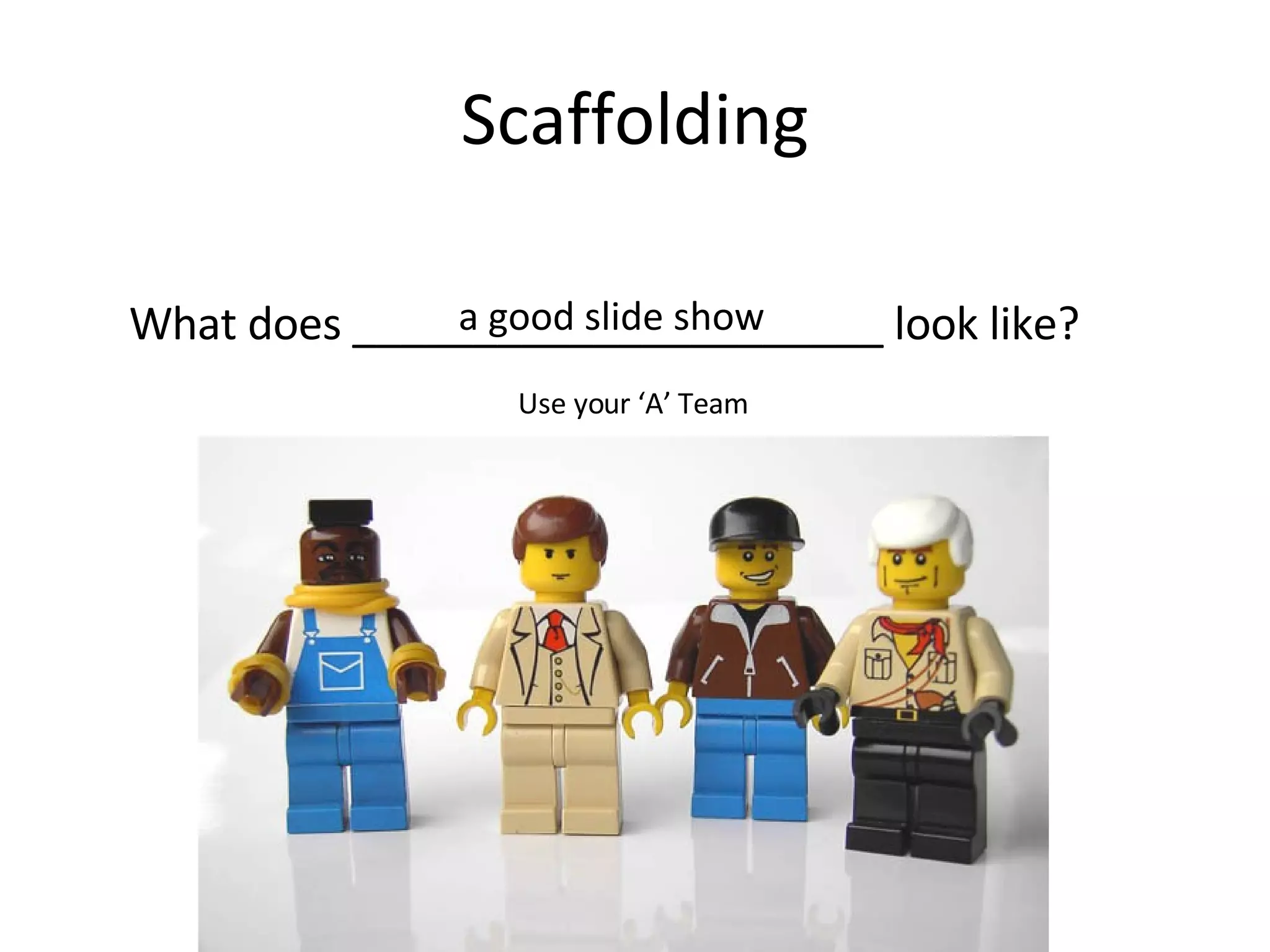 Scaffolding Use your ‘A’ Team What does ______________________ look like?  a good slide show  
