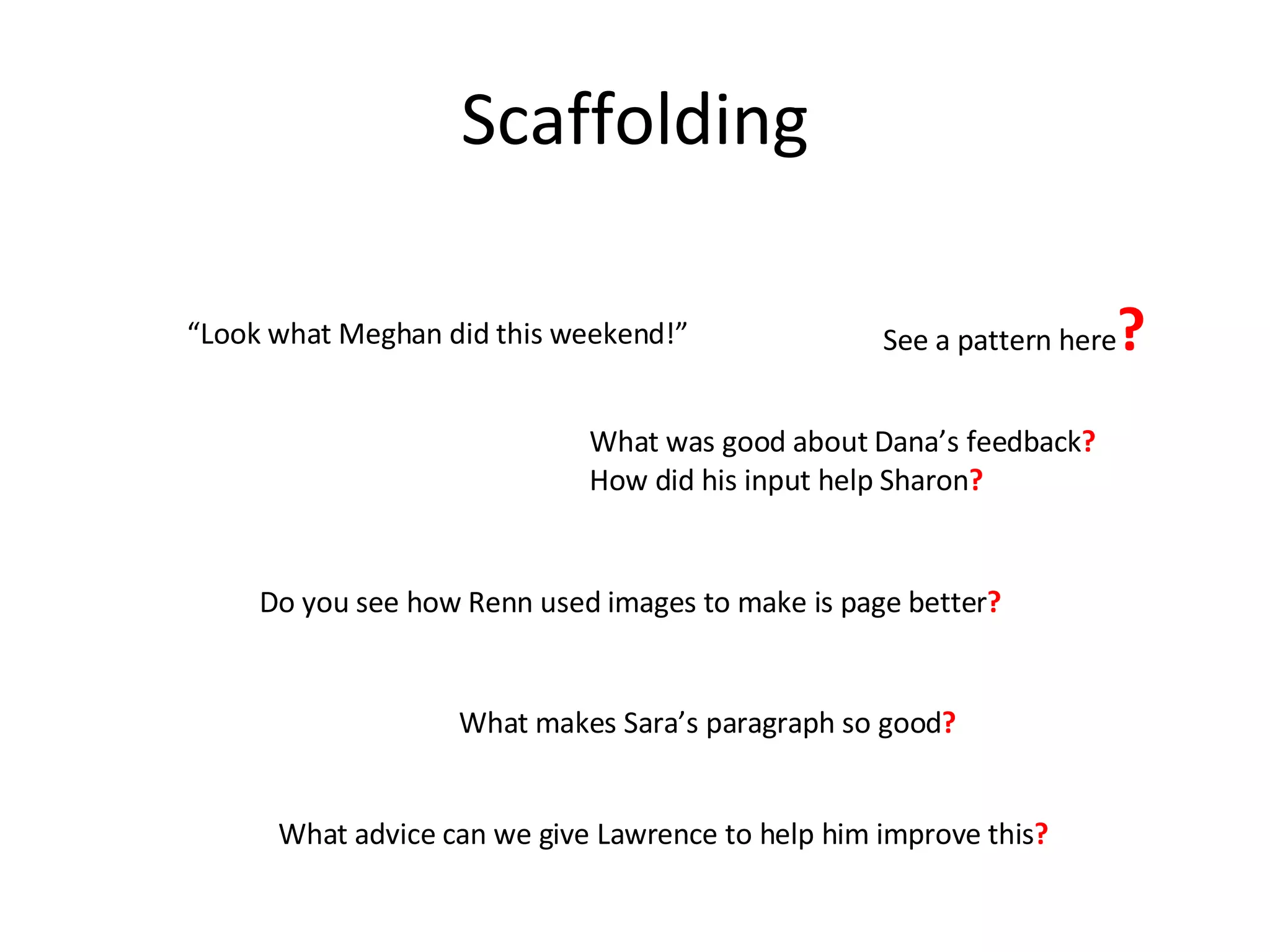 Scaffolding “ Look what Meghan did this weekend!” What was good about Dana’s feedback ? How did his input help Sharon ? Do you see how Renn used images to make is page better ? What makes Sara’s paragraph so good ? What advice can we give Lawrence to help him improve this ? See a pattern here ? 