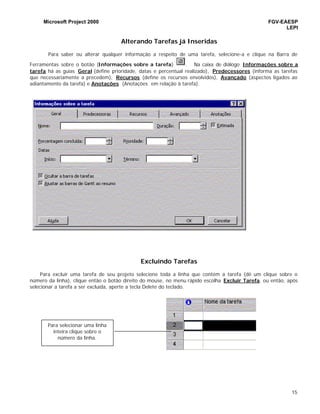 Microsoft Project 2000 FGV-EAESP
LEPI
15
Alterando Tarefas já Inseridas
Para saber ou alterar qualquer informação a respeito de uma tarefa, selecione-a e clique na Barra de
Ferramentas sobre o botão (Informações sobre a tarefa) . Na caixa de diálogo Informações sobre a
tarefa há as guias Geral (define prioridade, datas e percentual realizado), Predecessores (informa as tarefas
que necessariamente a precedem), Recursos (define os recursos envolvidos), Avançado (aspectos ligados ao
adiantamento da tarefa) e Anotações (Anotações em relação à tarefa).
Excluindo Tarefas
Para excluir uma tarefa de seu projeto selecione toda a linha que contém a tarefa (dê um clique sobre o
número da linha), clique então o botão direito do mouse, no menu rápido escolha Excluir Tarefa, ou então, após
selecionar a tarefa a ser excluída, aperte a tecla Delete do teclado.
Para selecionar uma linha
inteira clique sobre o
número da linha.
 