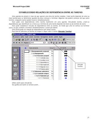 Microsoft Project 2000 FGV-EAESP
LEPI
21
ESTABELECENDO RELAÇÕES DE DEPENDÊNCIA ENTRE AS TAREFAS
Uma agenda de projeto é mais do que apenas uma lista de tarefas isoladas. Cada tarefa depende de uma ou
mais tarefas para se determinar quando ela deve começar e terminar. Algumas não podem começar até que outra
termine, enquanto outras podem ocorrer simultaneamente.
Você pode criar dependências entre tarefas facilmente em uma agenda. Vinculando tarefas, criam-se
dependências que identificam se o início ou o término de uma tarefa depende do início ou do término de outra.
Você pode estabelecer vínculos de dependência entre as tarefas, de modo que uma só comece ao terminar
outra, ou que venham a terminar simultaneamente e assim por diante.
Uma tarefa pode ter relação de dependência com várias outras.
Para fazê-lo selecione as tarefas ou etapas e clique sobre o botão (Vincular Tarefas).
Utilize assim para vinculá-las.
Seu gráfico de Gantt se tornará assim...
Vincular
Tarefas.
 