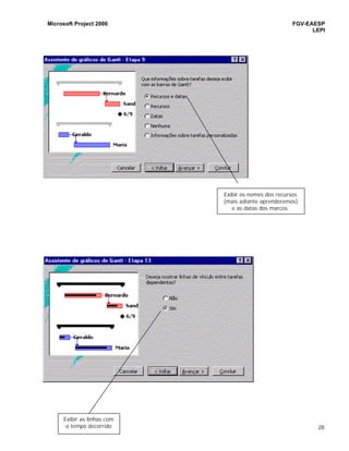 Microsoft Project 2000 FGV-EAESP
LEPI
28
Exibir os nomes dos recursos
(mais adiante aprenderemos)
e as datas dos marcos.
Exibir as linhas com
o tempo decorrido
 