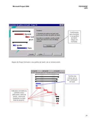 Microsoft Project 2000 FGV-EAESP
LEPI
29
Depois do Project formatar o seu gráfico de Gantt, ele se tornará assim:
Confirmação
para formatar
o seu gráfico
de Gantt.
Clique em
Formatar.
Indicação vermelha ou
caminho crítico
(alterando a data da
tarefa , ocorrerão
mudanças na data
final do projeto).
Tarefas não
críticas são as
que continuam
em azul.
 