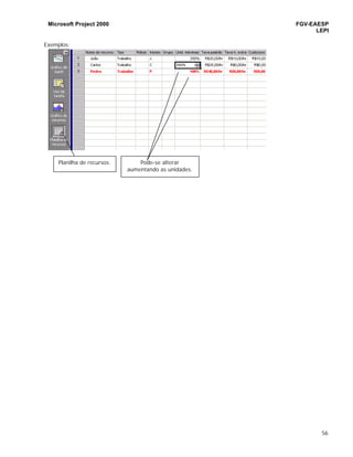 Microsoft Project 2000 FGV-EAESP
LEPI
56
Exemplos:
Planilha de recursos. Pode-se alterar
aumentando as unidades.
 