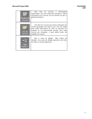 Microsoft Project 2000 FGV-EAESP
LEPI
9
Uma lista de recursos e informações
relacionadas. Use este modo para introduzir e editar
informações de recursos em um formato do que a
planilha eletrônica
Uma lista de recursos que mostra atribuições de
tarefas agrupadas sob cada recurso. Use este modo
para exibir informações de custo ou alocação de
trabalho de um determinado período, para cada
recurso por atribuição, e para definir perfis de
trabalho de recurso.
Abre a caixa de diálogo Mais modos de
exibição. Essa caixa de diálogo apresenta uma lista
de todos os modos disponíveis.
 